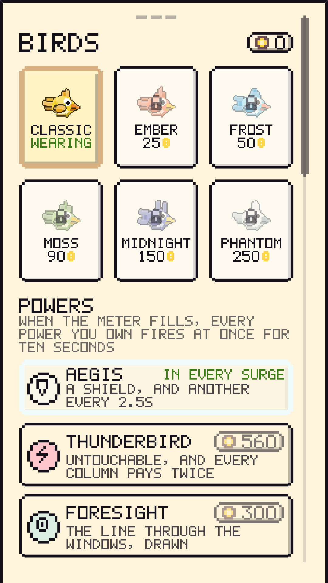 The Birds screen, where birds, powers and traits are bought with coins